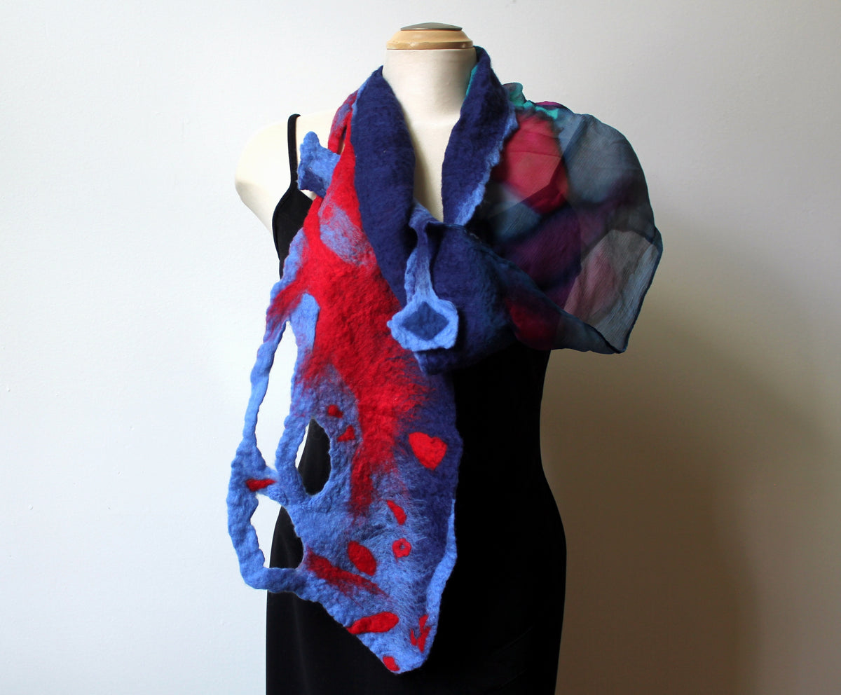 Navy Blue Felted Wool Scarf with Silk, Women Felted Scarf