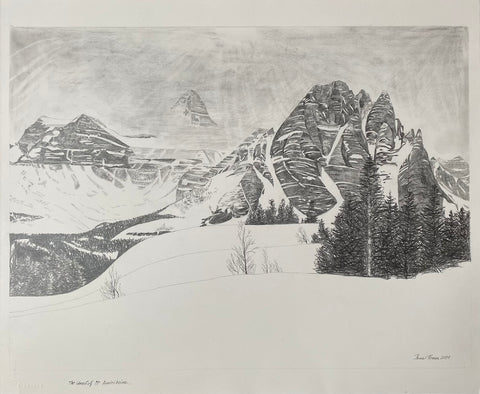Pencil drawing of mountains on hot pressed Arches paper. Name: The Ghost of Mt Assiniboine.