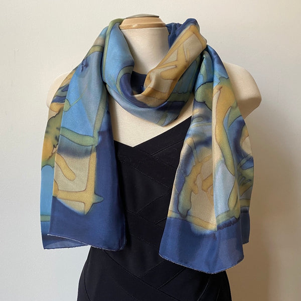 Hand painted silk designer scarf, art to wear, navy and taupe silk scarf