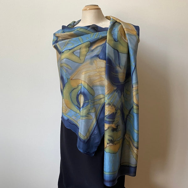 Hand painted silk designer scarf, art to wear, navy and taupe silk scarf