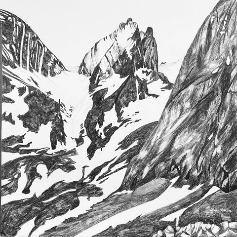 Graphite drawing of mountains on hot pressed Arches paper, 14" x 14" no border. Unframed.
