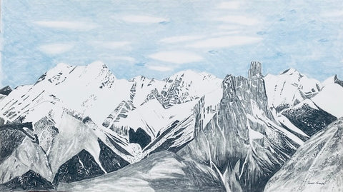 Graphite and colored pencil drawing of Mountains. Mt Edith from Samson Peak