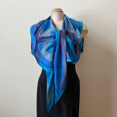 Hand painted silk blue large wrap, scarf, poncho.