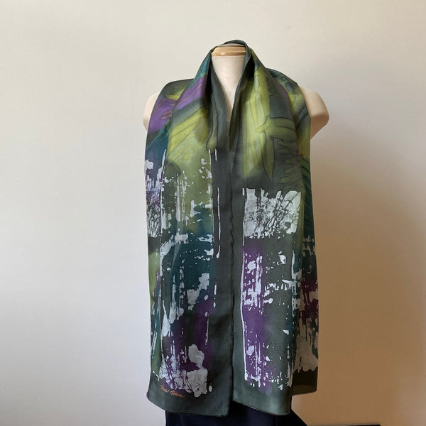 Green batik silk scarf, handpainted art scarf, designer scarf, art to wear