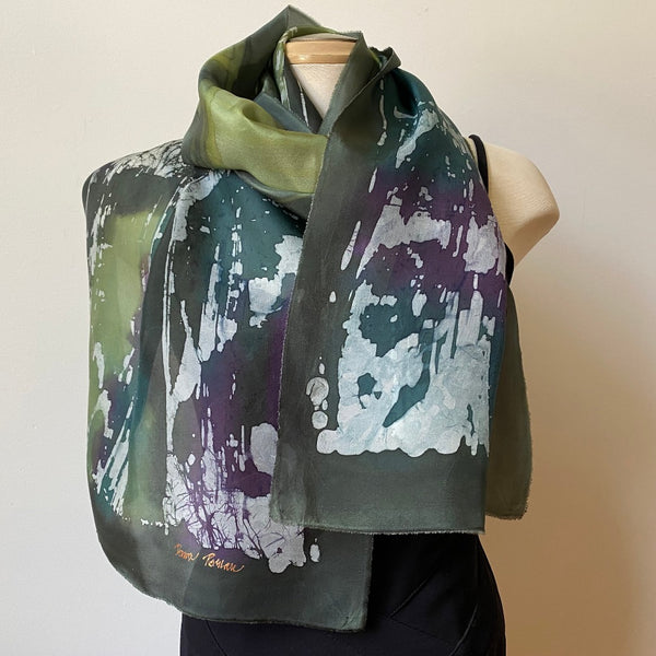 Green batik silk scarf, handpainted art scarf, designer scarf, art to wear
