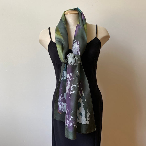 Green batik silk scarf, handpainted art scarf, designer scarf, art to wear