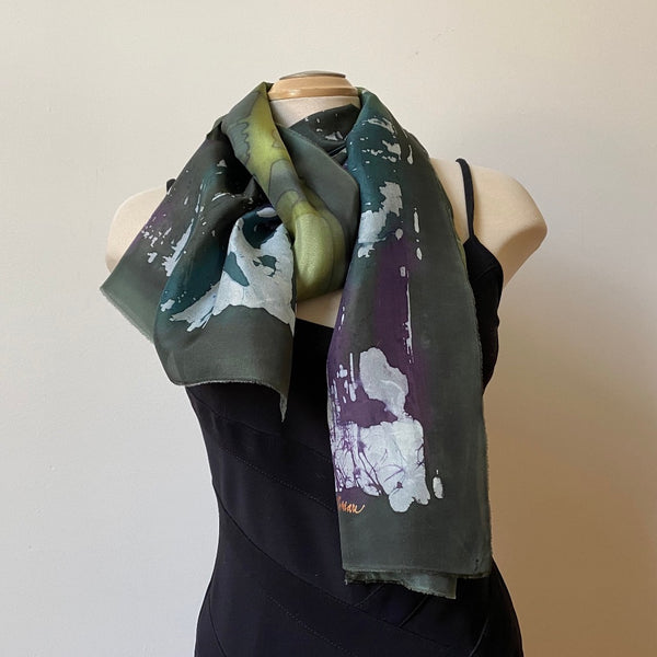 Green batik silk scarf, handpainted art scarf, designer scarf, art to wear