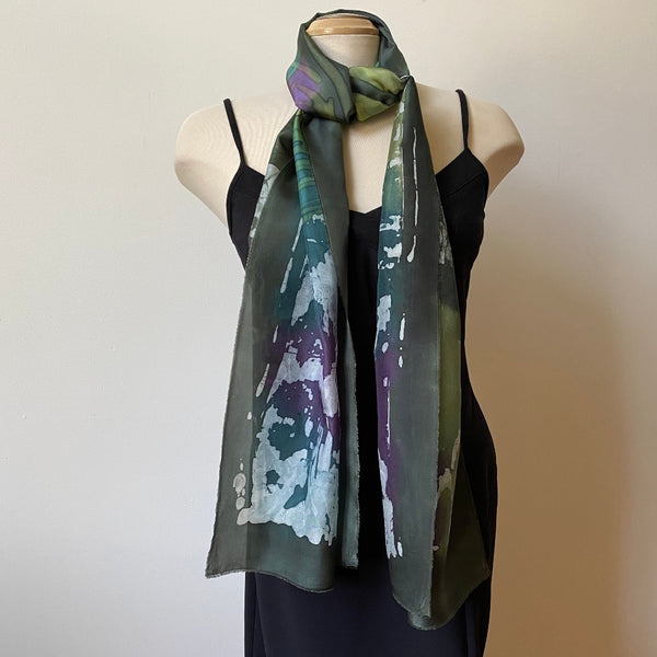 Green batik silk scarf, handpainted art scarf, designer scarf, art to wear