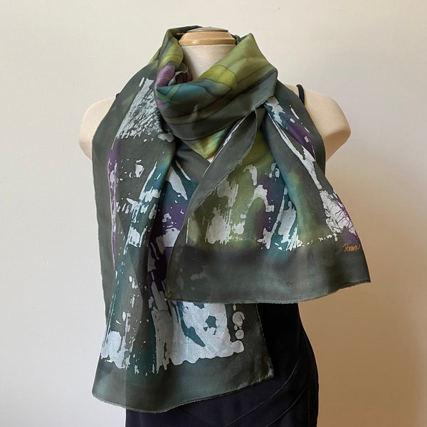 Green batik silk scarf, handpainted art scarf, designer scarf, art to wear