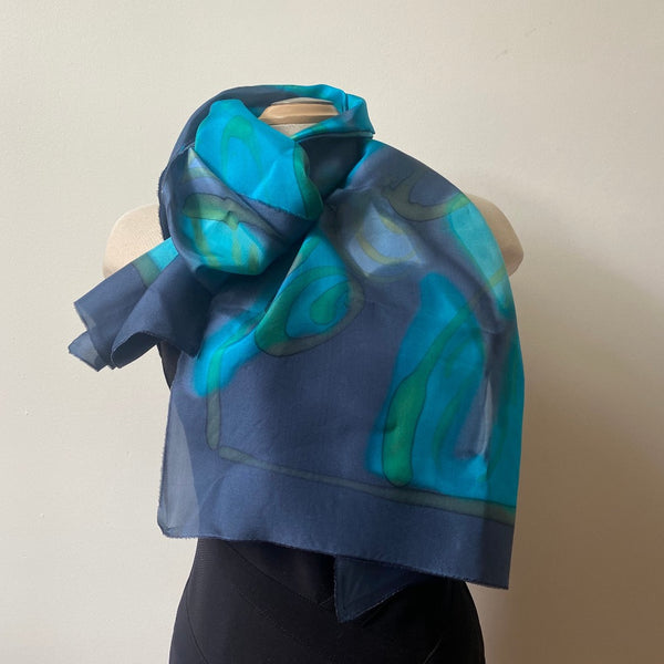 Blue and green hand painted silk shawl, art to wear, designer scarf, great for bridesmaids