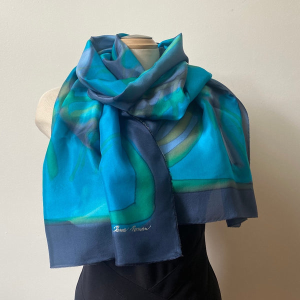 Blue and green hand painted silk shawl, art to wear, designer scarf, great for bridesmaids