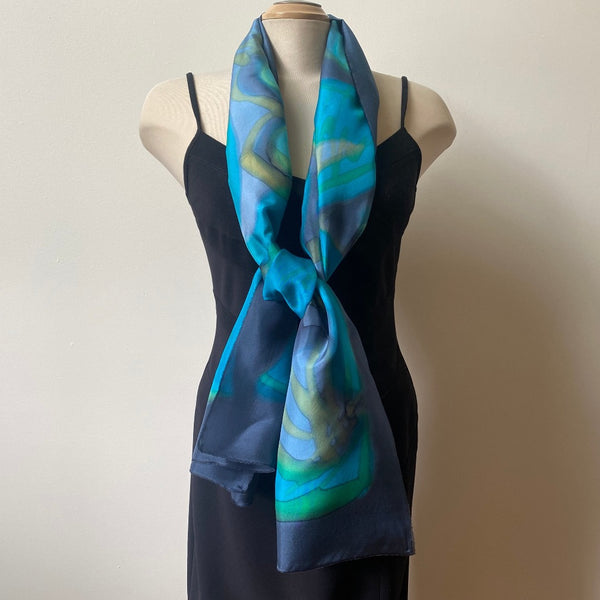 Blue and green hand painted silk shawl, art to wear, designer scarf, great for bridesmaids