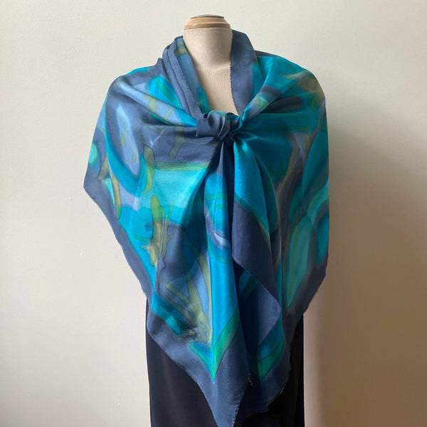Blue and green hand painted silk shawl, art to wear, designer scarf, great for bridesmaids