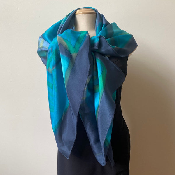 Blue and green hand painted silk shawl, art to wear, designer scarf, great for bridesmaids