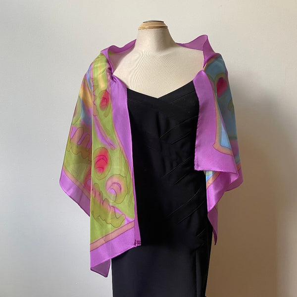 Hand painted silk designer scarf in blues and pinks, art to wear, art scarf, bridesmaids, weddings