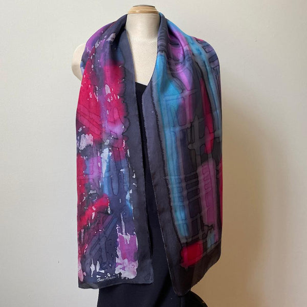 batik silk scarf, hand painted, art to wear, designer scarf, special ocassion shawl