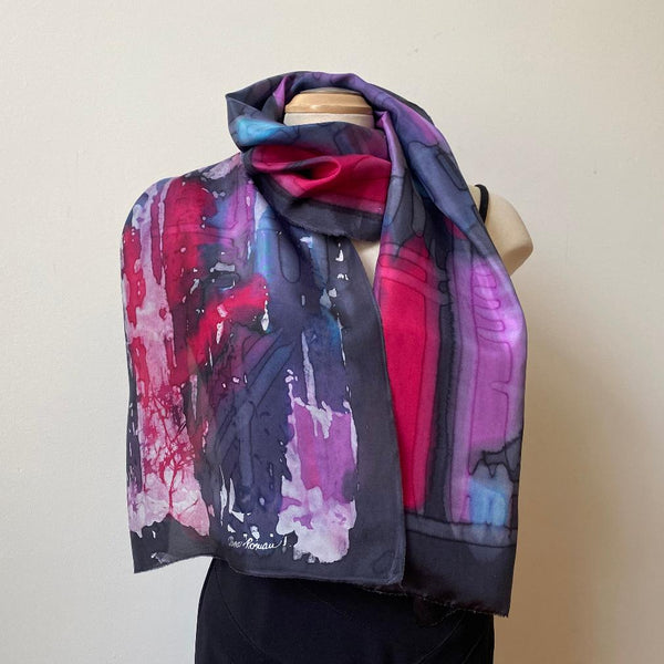 batik silk scarf, hand painted, art to wear, designer scarf, special ocassion shawl
