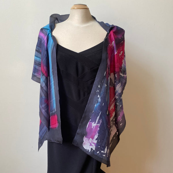 batik silk scarf, hand painted, art to wear, designer scarf, special ocassion shawl