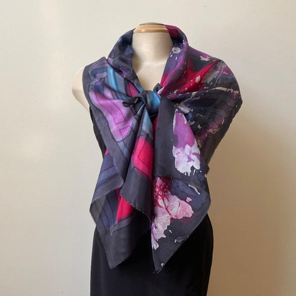 batik silk scarf, hand painted, art to wear, designer scarf, special ocassion shawl
