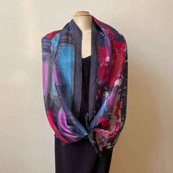 batik silk scarf, hand painted, art to wear, designer scarf, special ocassion shawl