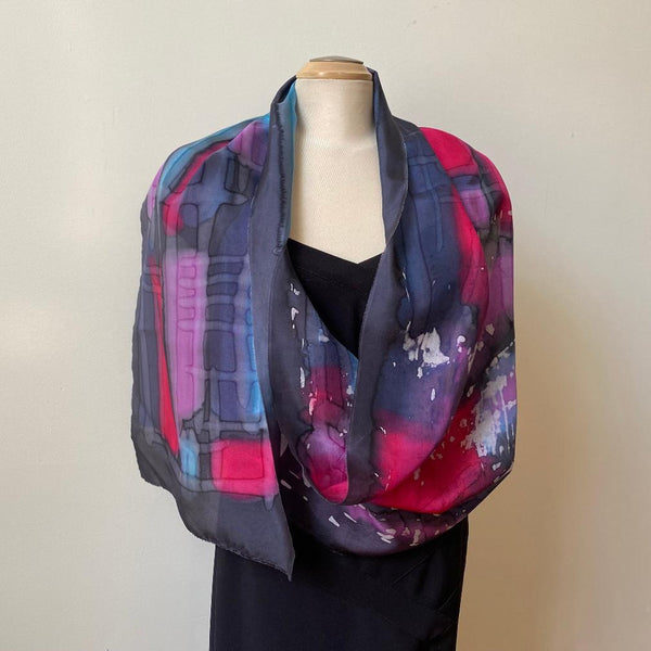 batik silk scarf, hand painted, art to wear, designer scarf, special ocassion shawl