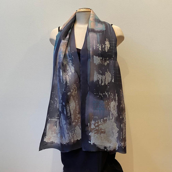Batik silk scarf, art to wear, black and gray designer scarf