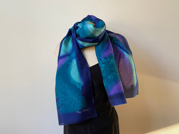 Hand painted silk shawl in navy, teal and purple. Art to wear.