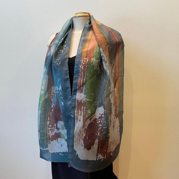 Olive green batik silk art scarf, designer scarf, art to wear, rozome