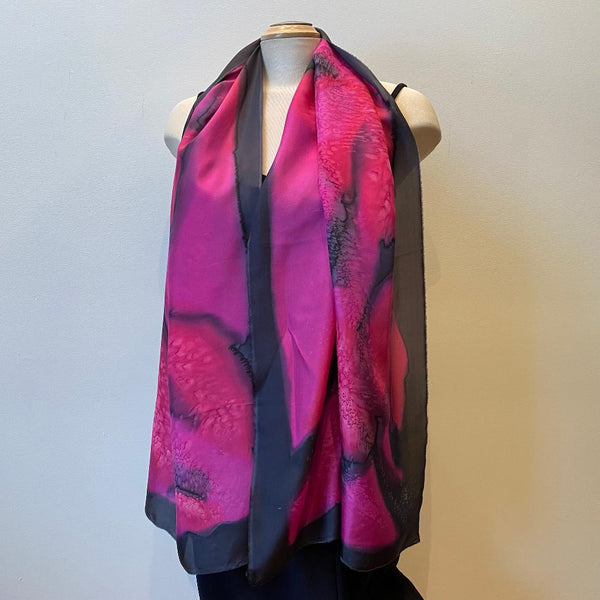 red and black hand painted silk scarf, art to wear