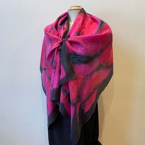 red and black hand painted silk scarf, art to wear