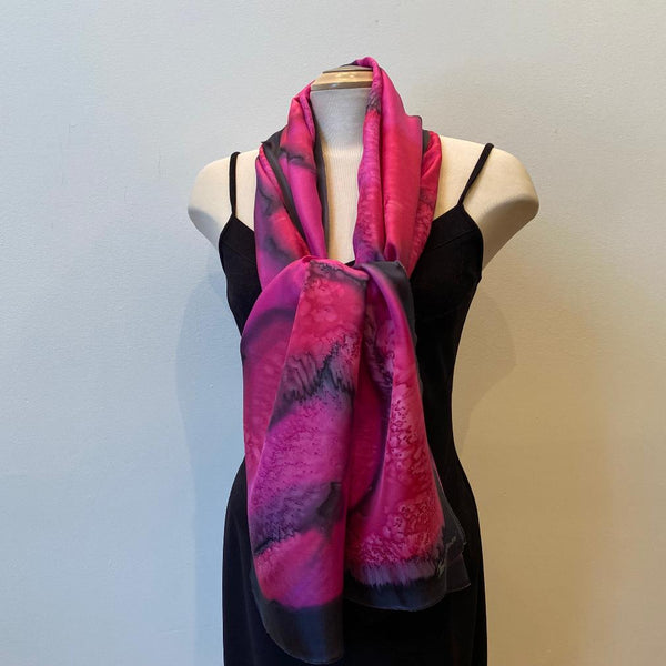 red and black hand painted silk scarf, art to wear