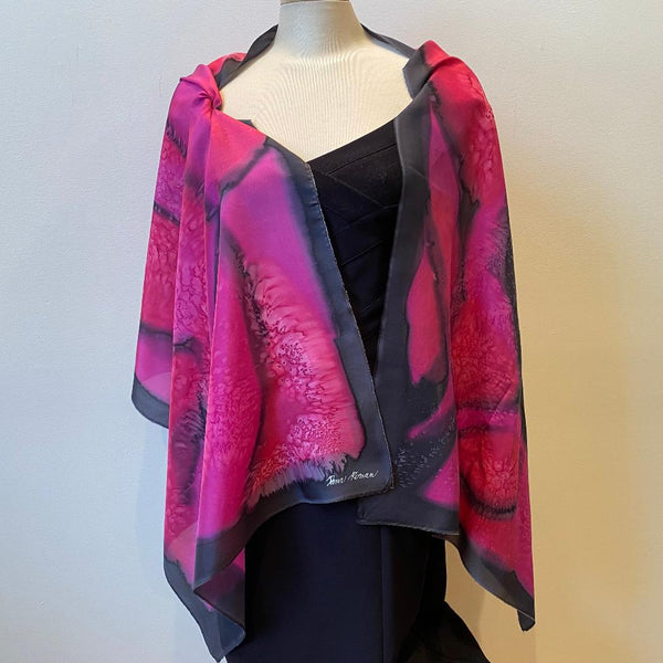red and black hand painted silk scarf, art to wear