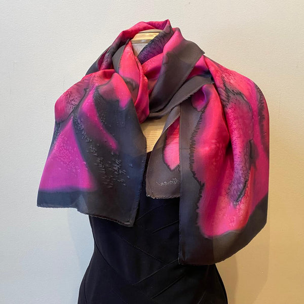 red and black hand painted silk scarf, art to wear