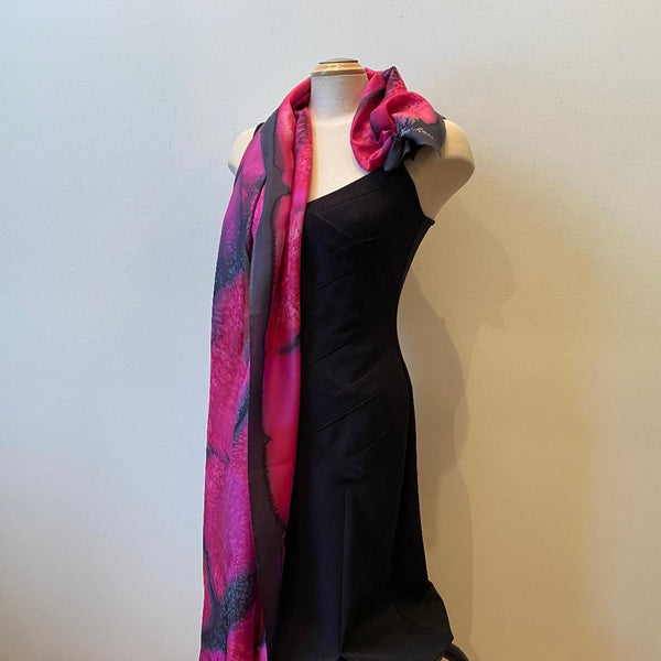 red and black hand painted silk scarf, art to wear