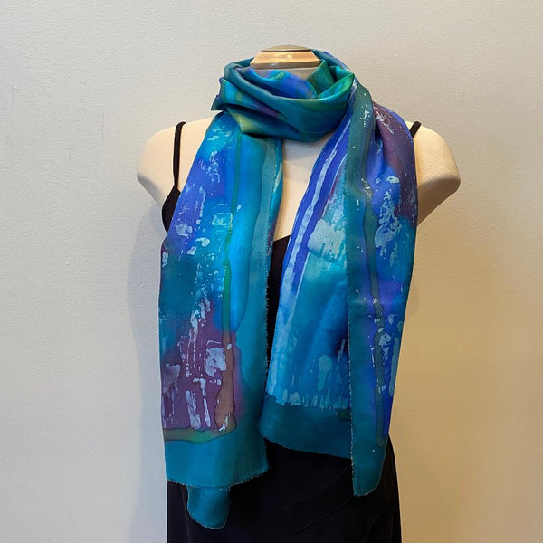 Green and blue batik silk scarf, designer art scarf, hand-painted silk scarf, rozome