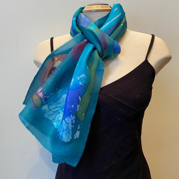 Green and blue batik silk scarf, designer art scarf, hand-painted silk scarf, rozome