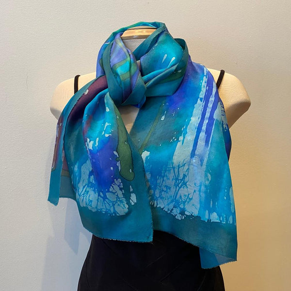 Green and blue batik silk scarf, designer art scarf, hand-painted silk scarf, rozome