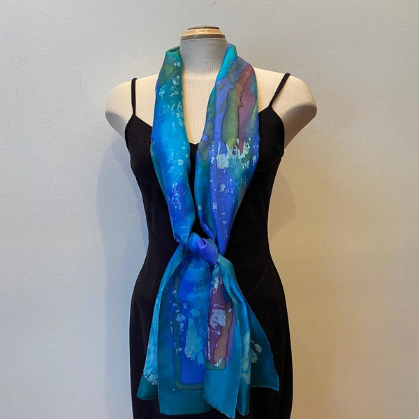Green and blue batik silk scarf, designer art scarf, hand-painted silk scarf, rozome