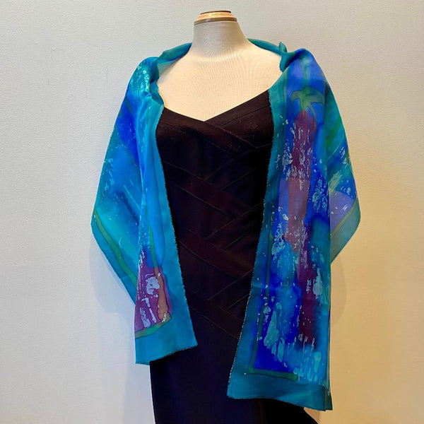 Green and blue batik silk scarf, designer art scarf, hand-painted silk scarf, rozome