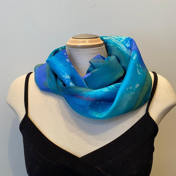 Green and blue batik silk scarf, designer art scarf, hand-painted silk scarf, rozome