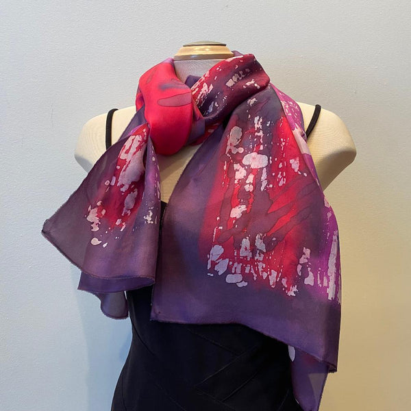 Red batik silk scarf, hand painted designer scarf, rozome