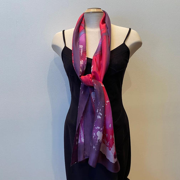 Red batik silk scarf, hand painted designer scarf, rozome