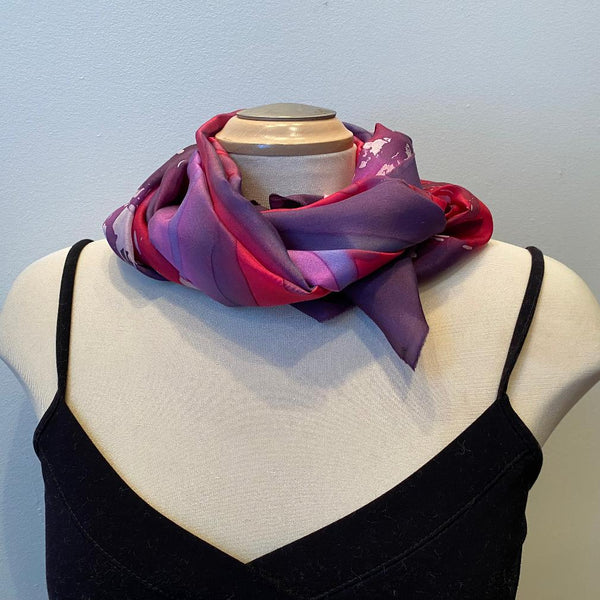 Red batik silk scarf, hand painted designer scarf, rozome