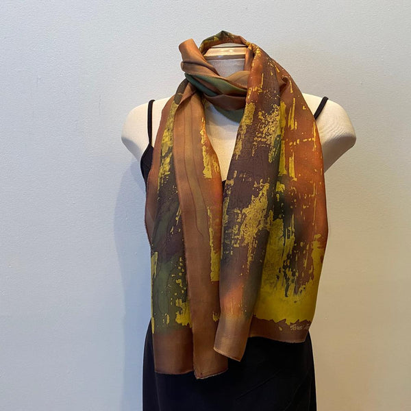 Large brown batik silk designer scarf, art to wear. art scarf, hand painted