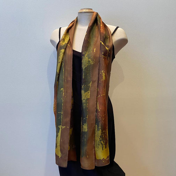 Large brown batik silk designer scarf, art to wear. art scarf, hand painted