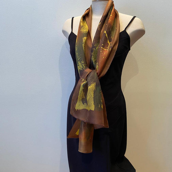 Large brown batik silk designer scarf, art to wear. art scarf, hand painted
