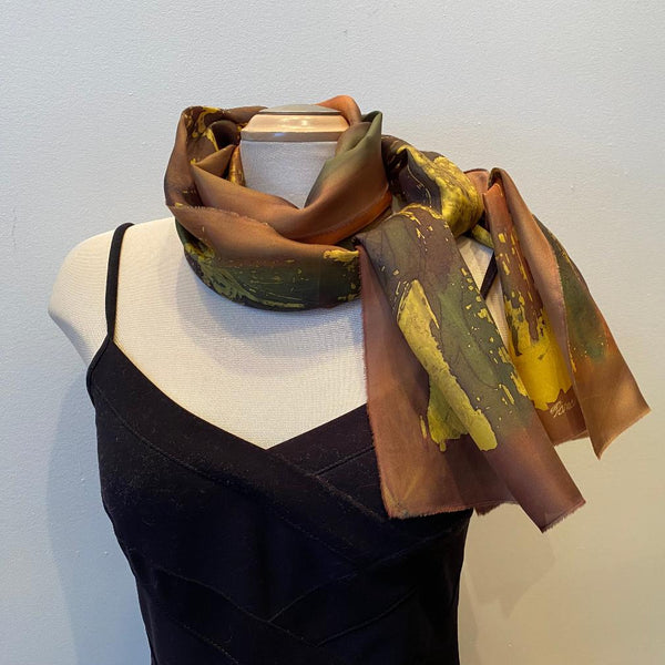 Large brown batik silk designer scarf, art to wear. art scarf, hand painted