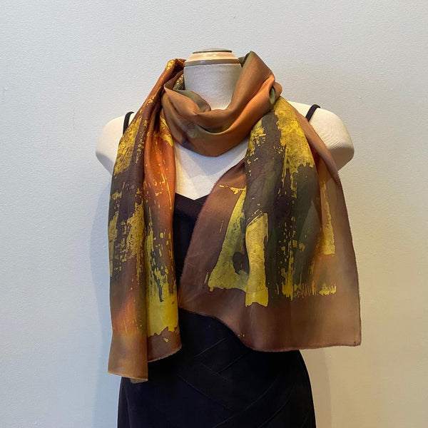 Large brown batik silk designer scarf, art to wear. art scarf, hand painted