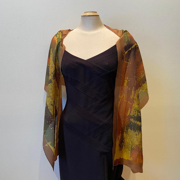 Large brown batik silk designer scarf, art to wear. art scarf, hand painted