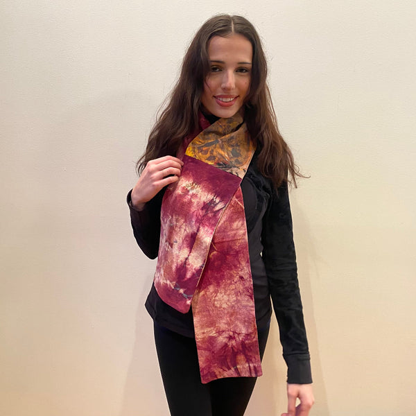 Burgundy hand-painted and hand-felted silk scarf with flowers. Art to wear. Double sided.